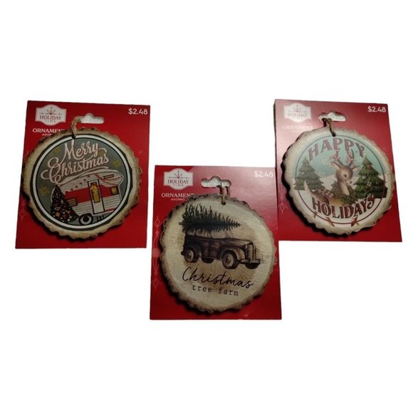 Holiday Time Faux Wood 4 in Christmas Ornaments 3 Pack Vintage Look Wood Ring - Picture 1 of 10